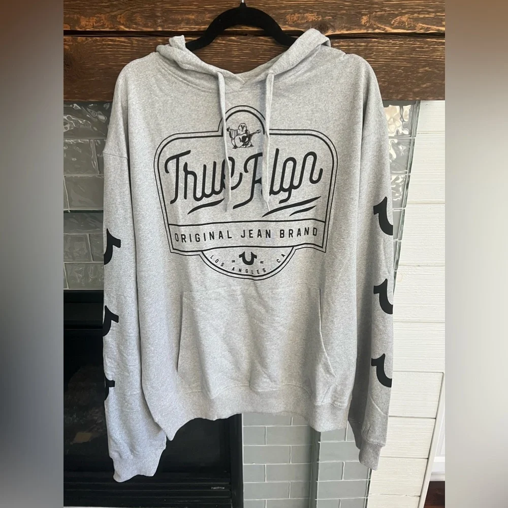 New True Religion Long Sleeve Light Grey Hoodie Pullover Men’s Size XL